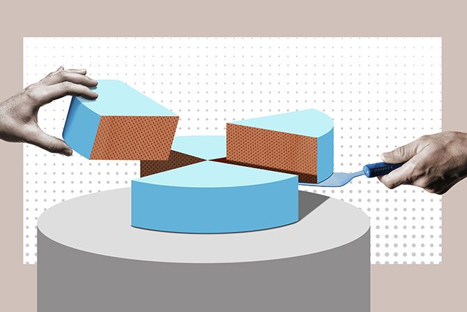 Illustration of hands taking pieces of pie chart